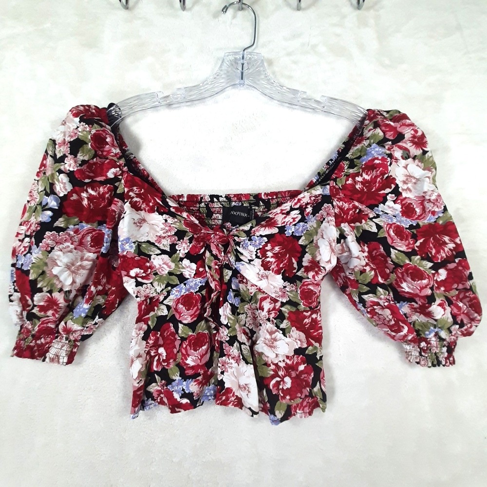 MinkPink Floral Puff Sleeve Crop Top Red Rose Smocked Back Tie Front Small